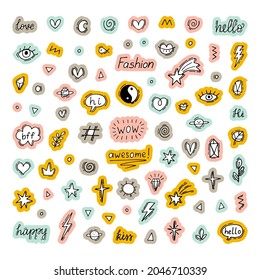 Stickers collection. Doodle line set with different design elements. Tattoo design. Cute hand drawn doodles. Graffiti decoration. Vector illustration