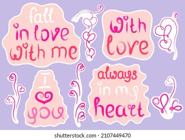 Stickers collection with love lettering and decorative floral elements. Each element is isolated. Love stickers for Valentines day, wedding, romantic mood, greeting card. Vector illustration.