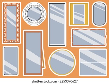 Stickers collection with round and rectangular reflective surfaces. Modern or classic and decorative vintage mirrors. Vector illustration on white background