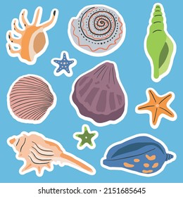 Stickers collection with sea underwater shells. Seashells, undersea molluscs. Marine mollusks. Flat vector design