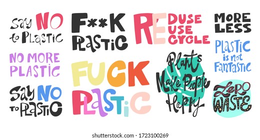 Stickers Collection For Social Media Content. Vector Hand Drawn Illustration With Cartoon Lettering. Say No To Plastic, More Less, Plants Make People Happy, Zero Waste, Plastic Is Not Fantastic. 