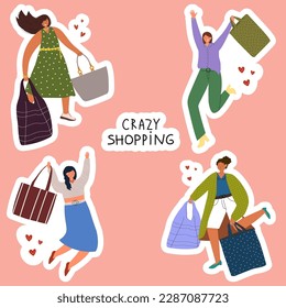 Stickers collection with Stylish happy women enjoy shopping. They carrie shopping bags and run to get the latest deals in the mall. The concept of discounts and purchases. Flat vector design.