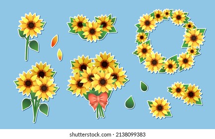 Stickers collection of sunflowers in bouquets, bunches, wreath, etc. in clip art style. Decoration with cartoon yellow flowers isolated on blue background. Vector illustration EPS 10