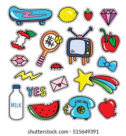 Stickers collections in pop art style isolated on white background. Trendy fashion chic patches, pins, badges design set in cartoon 80s-90s comic style. Vector illustration.