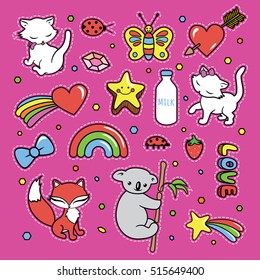 Stickers collections in pop art style isolated on magenta bright pink background. Trendy fashion chic patches, pins, badges design set in cartoon 80s-90s comic style. Vector illustration.