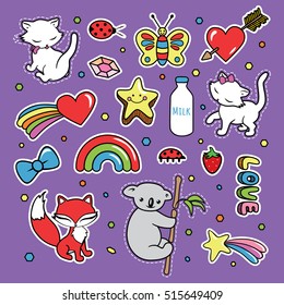 Stickers collections in pop art style isolated with white strokes on violet purple background. Trendy fashion chic patches, pins, badges design set in cartoon 80s-90s comic style. Vector illustration.