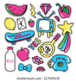 Stickers collections in pop art style isolated on white background. Trendy fashion chic patches, pins, badges design set in cartoon 80s-90s comic style. Vector illustration.