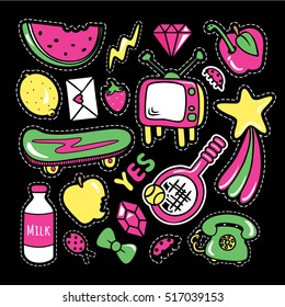 Stickers collections in pop art style isolated with white strokes on black background. Trendy fashion chic patches, pins, badges design set in cartoon 80s-90s comic style. Vector illustration.