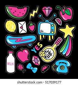 Stickers collections in pop art style isolated with white strokes on black background. Trendy fashion chic patches, pins, badges design set in cartoon 80s-90s comic style. Vector illustration.