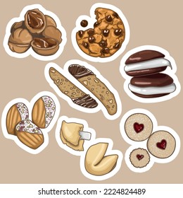 Stickers of cookies. Biscotti. Whoopi pie. Prediction cookies. Cookies with chocolate drops. Biscuits with jam. Cookies "Peanut" with condensed milk. Madeleine. Vector graphics