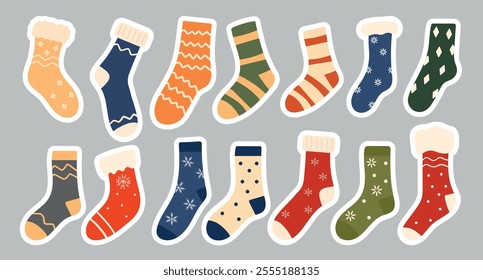 Stickers of cozy winter socks, footwear with various holiday patterns. Collection of knitted wool and cotton socks with snowflakes and geometric patterns on a white background. Sticker, vector.