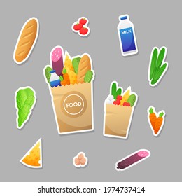 Stickers of craft paper bags with groceries and food with white botder isolated on gray. Milk, sausage, carrots, tomatoes, lettuce, loaf, bread, cheese, cucumbers, eggs.