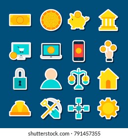 Stickers Cryptocurrency. Vector Illustration Flat Style. Collection of Financial Symbols.