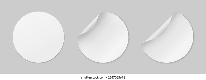 Stickers with curved edges on a gray background. A set of realistic, round, paper tags. Sheets for notes. Vector illustration