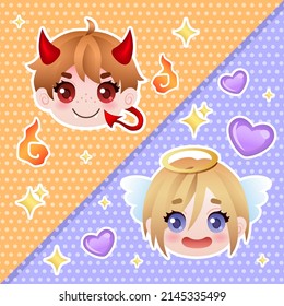 Stickers With Cute Angel And Demon In Anime Style On Background With Fire Stars And Hearts