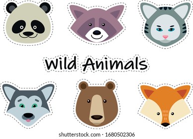 Stickers with cute animal muzzles. Wild animals portrait set with flat design. Vector illustration