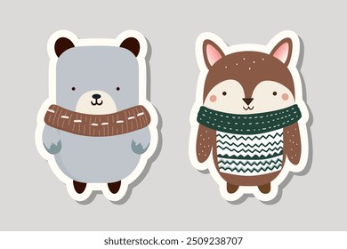 Stickers with cute animals in winter clothes. Bear and fox stickers. Winter characters. Merry Christmas concept. 