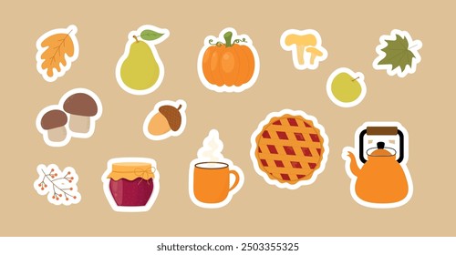 Stickers of cute autumn attributes, cozy elements. Collection of mushrooms, leaves, berries, pumpkin, jam, pie and tea cup. Flat vector illustration. Vector stickers.