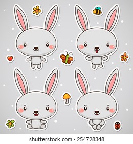Stickers with cute bunny, set, vector.