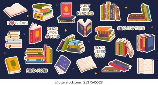 Pegatinas de lindos libros de colores. Conjunto de diferentes pilas y pilas de libros, colección de libros abiertos y cerrados. Tema educativo, literatura científica y de ficción. Ilustración vectorial.