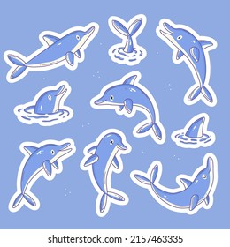 Stickers with cute dolphin characters. A sticker template with cartoon animals. Vector animal illustration.
