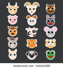 Stickers of cute domestic heads. Cartoon characters. Flat vector stock illustration. Cute heads of pig, yak, sheep, cow, goat, alpaca, dog, cat, horse, donkey, mouse, hamster