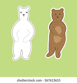 Stickers. Cute drawn bears brown and white in the style of Doodle.