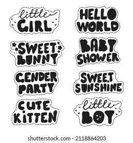 Stickers with cute gender party and baby shower lettering in hand drawn style. Ready to print stickers for baby reveal, decorations of nursery room. Decorations for poster, banner, greeting card