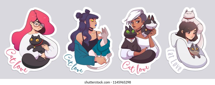 Stickers with cute girls and their cats. Vector illustration