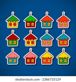 Stickers with cute hand drawn doodle New Year houses. Merry Christmas and Happy New Year set of fir tree decorations. Cartoon elements for holiday design. Colorful outline icons with patterns