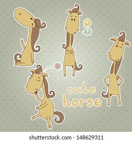 Stickers with cute horse. Cartoon animal. Funny vector set. Eps 10