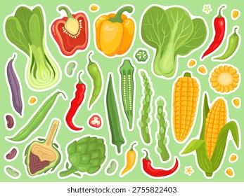 Stickers with cute illustrations of vegetables. Corn, cabbage, artichoke, okra, pepper, chili, asparagus, beans. 