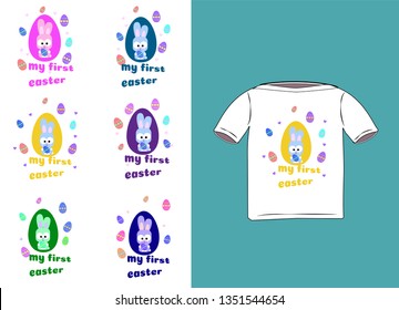 Stickers Cute little rabbit with my first Easter. Six color options. Vector illustration with bunny and easter eggs. Template for a party, hunt for eggs, postcard invitations or T-shirt design.