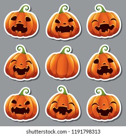 Stickers with cute realistic vector pumpkins with different faces for Halloween.