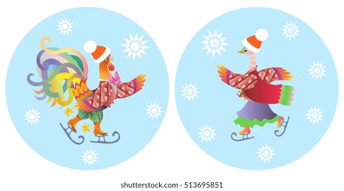 Stickers with cute rooster and duck on the ice skating.