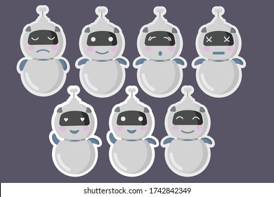 Stickers With Cute Round Robots. Different Emotions In A Toy Robot: Love, Anger, Happiness, Surprise, Malfunction, Contented.