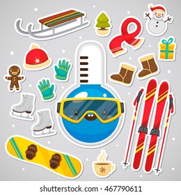 Pegatinas con termómetro lindo y colección de símbolos de invierno, Vector.