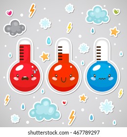 Stickers with cute thermometers and weather symbols, hot, normal and cold temperature, vector.
