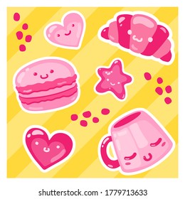 Stickers - cute vector images: cup, croissant, hearts, stars, macaron. Elements- pink colors. White wide outline. Background - yellow with stripes. Square format. Sticker pack