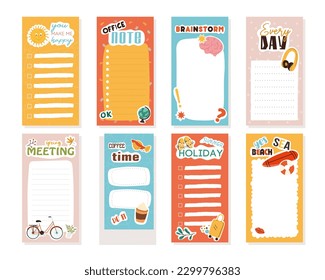 Stickers daily planner set. Collection of graphic elements for website. Organization of effective educational process, to do list. Cartoon flat vector illustrations isolated on white background