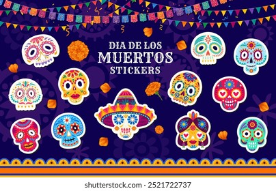 Stickers of Day of the Dead holiday sugar calavera skulls, vector mexican Dia de los Muertos festival decoration. Cartoon Mexico death skulls of Catrina Calavera skeletons with festive makeup, flowers