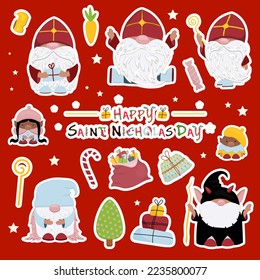 Stickers for the day of St. Nicholas. Winter children's holiday. Old man with gifts. Happy saint nicholas day. Priest in red miter. Christianity.