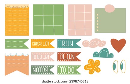 Etiquetas, calcomanías, notas de papel para notas y planificadores, letras para pegatinas con texto. Hojas enlucidas y punteadas con decoración