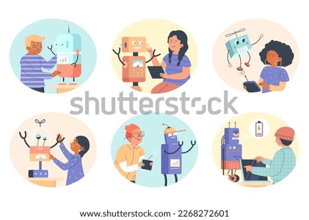 Stickers or decorative banners bundle with children learn robotics and robot programming, flat cartoon vector illustration isolated on white background.