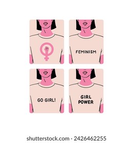 Stickers dedicated to feminism - girls in T-shirts. Stylish and vector illustrations for International Women's Day. Badges for women's rights and equality.