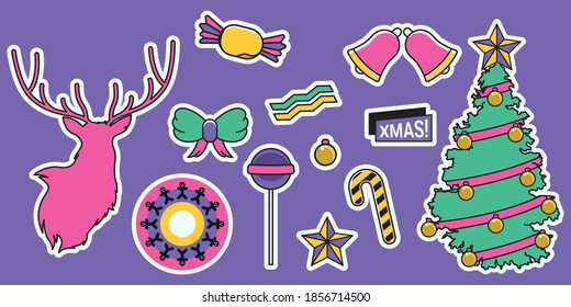 Stickers Design Vector Set Fun Pastel Color For Christmas Season Object Deer Mandala Candy Tree Ribbons Illustration 