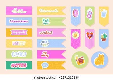 Stickers diary collection. Set of colorful bookmarks and school supplies. Good vibes, party time, my goals. Memo and place for notes. Cartoon flat vector illustrations isolated on pink background