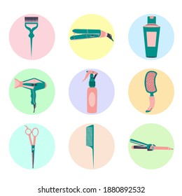 Stickers of different devices for hairstyle. Variation hair care objects isolated. Flat vector illustration. Styling elements icons. Professional hair saloon equipment.
