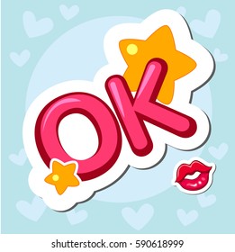 Stickers with different elements. Doodle style pin badges. Lips, gems,star lettering