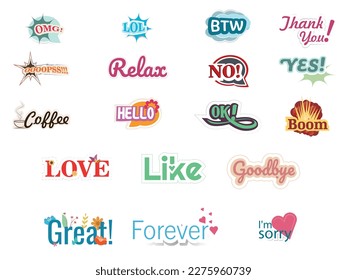 Stickers of different expressions with different shapes and colors on white backgrounds